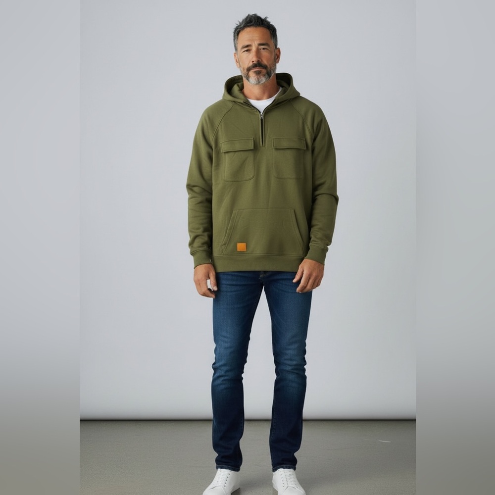 Men’s Olive Green Quarter Zip Cargo Hoodie